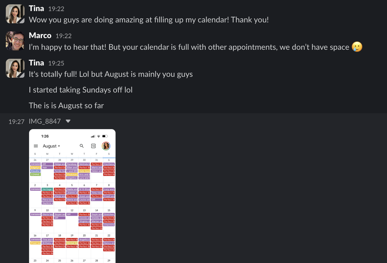 Client message — calendar totally full, August is mainly you guys